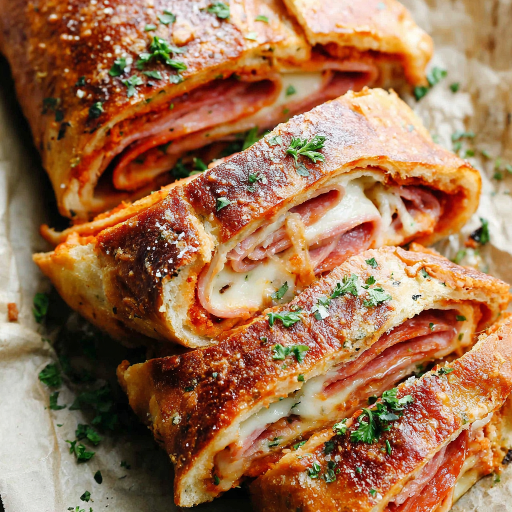 Sliced stromboli on a board with parsley and a bowl of pizza sauce for dipping