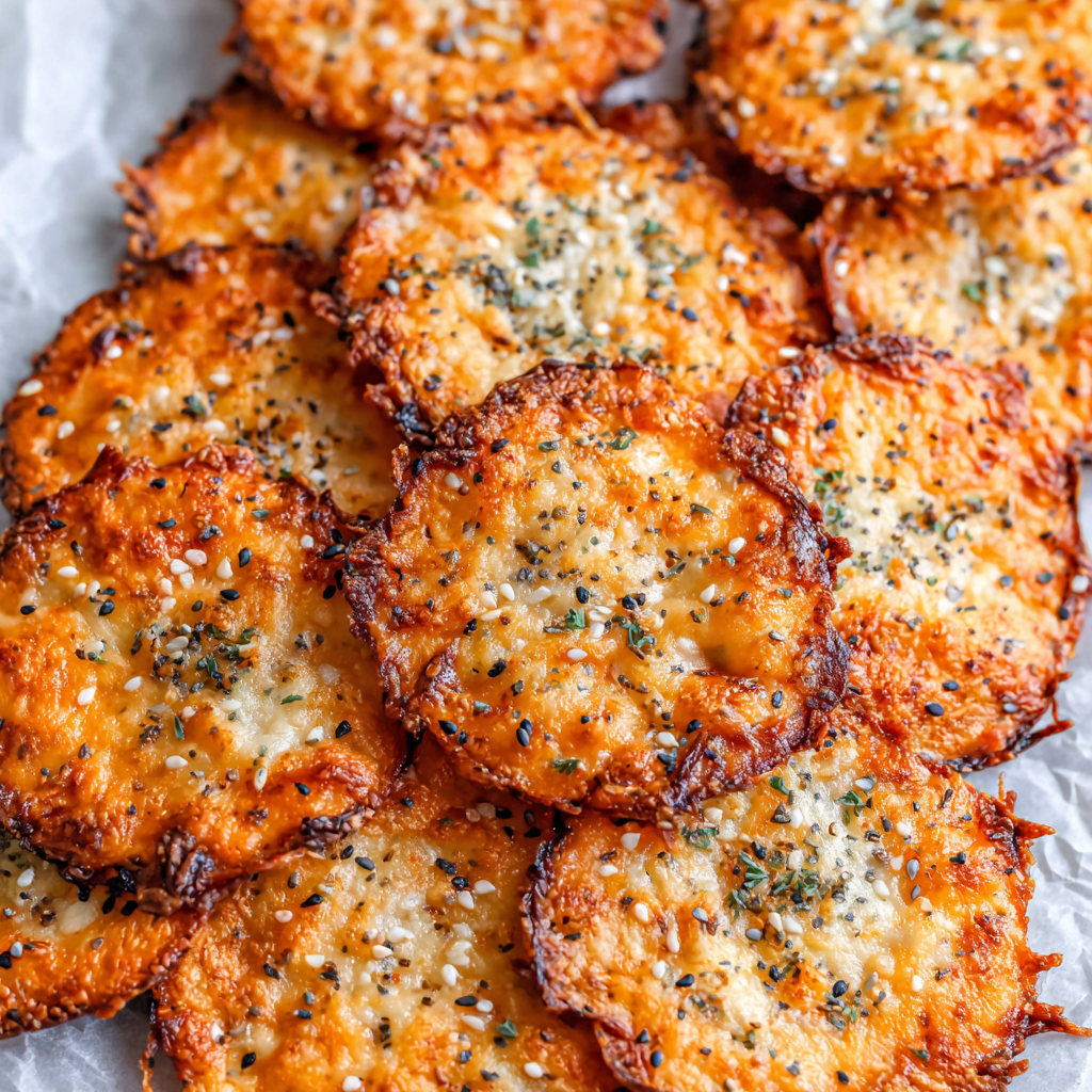 Close up of lacy parmesan edged cheese chips with seasoning