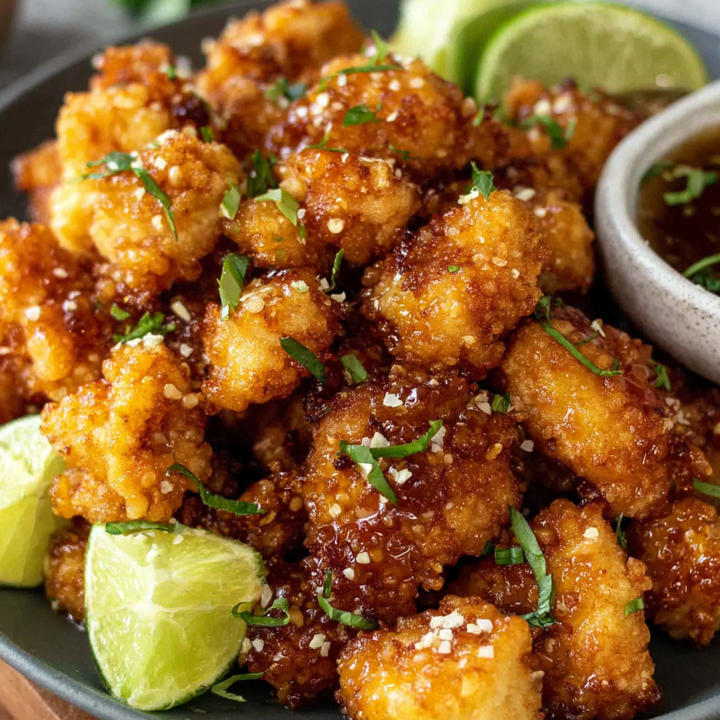 Bowl of hot honey popcorn chicken with dipping sauces