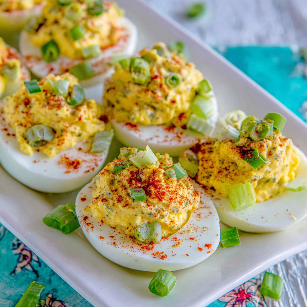 Deviled eggs on a serving tray with Cajun spices and herbs