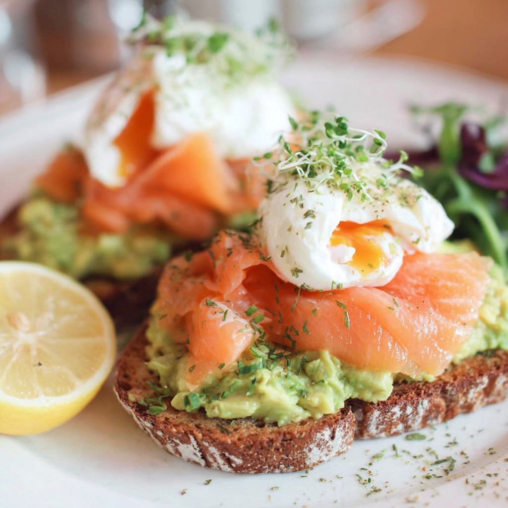 Ingredients for avocado toast with salmon and eggs arranged on a cutting board
