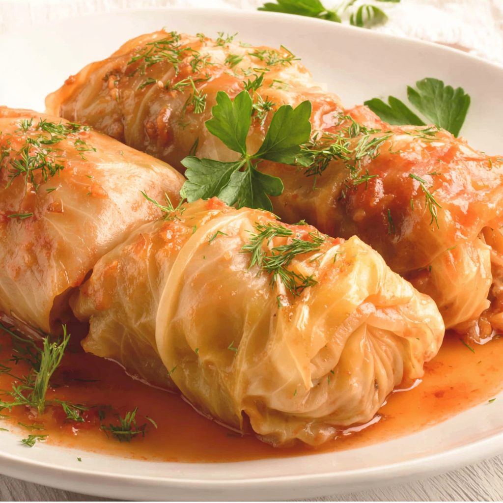 Rolled cabbage leaves filled with meat and rice before simmering