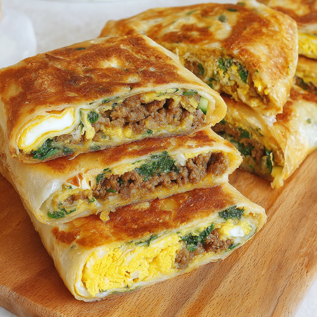 Golden, crispy Martabak Telur with pickles and green chiles for serving