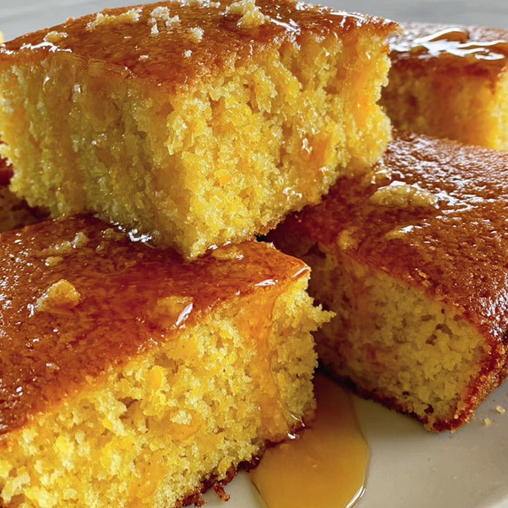 Slices of honey butter cornbread on a board with a dish of honey butter