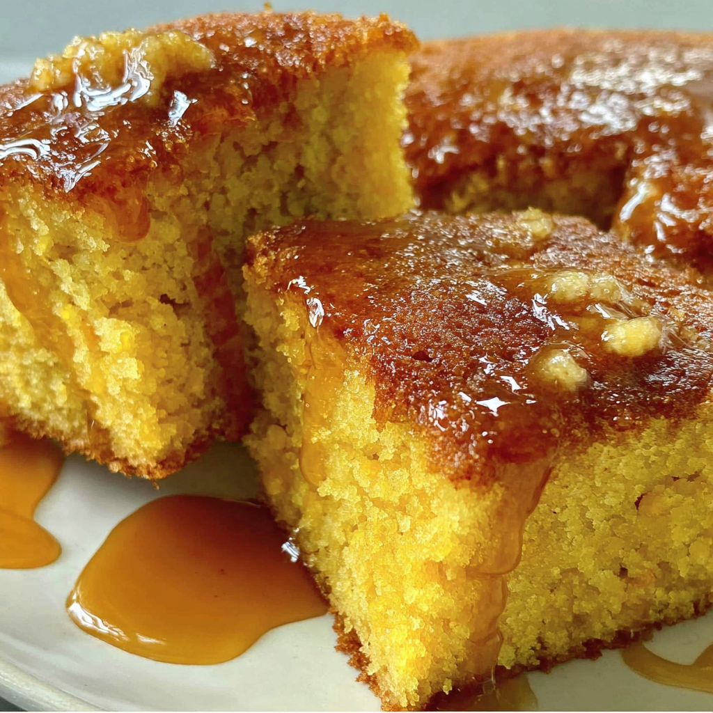 Close-up of cornbread crumb texture with honey butter glaze