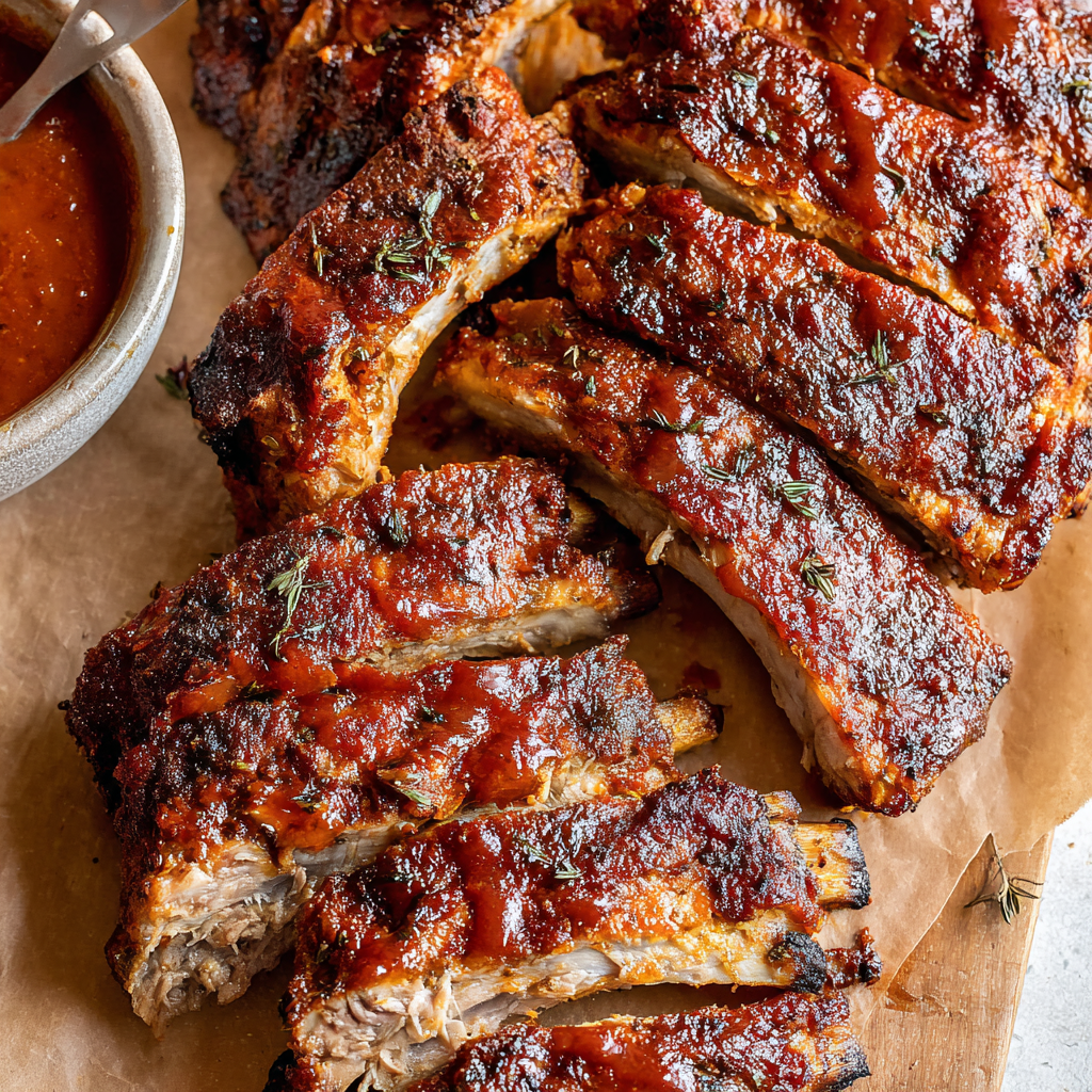 Sliced baby back ribs on a platter with extra BBQ sauce and brush