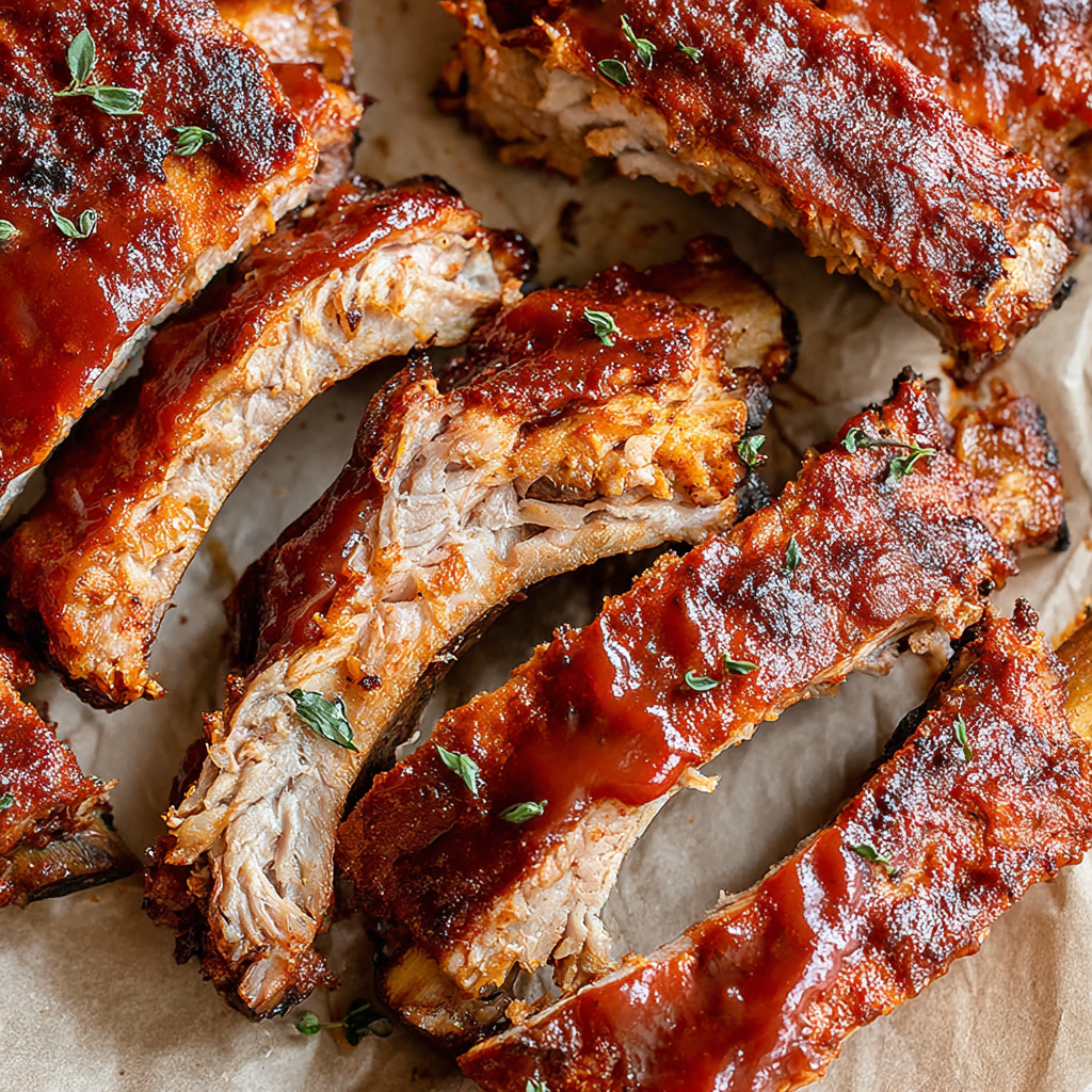 Close-up of caramelized BBQ sauce on ribs under the broiler
