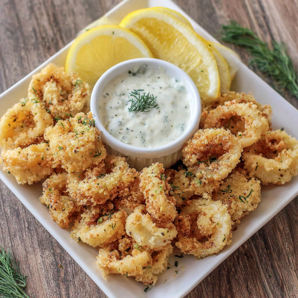 Air Fryer Calamari with Lemon Dill Sauce
