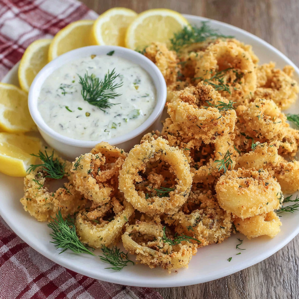 Air fryer calamari rings on a plate with lemon