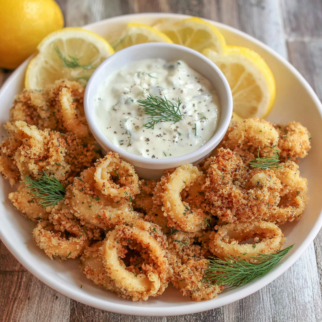 Close-up of golden calamari with lemon dill sauce