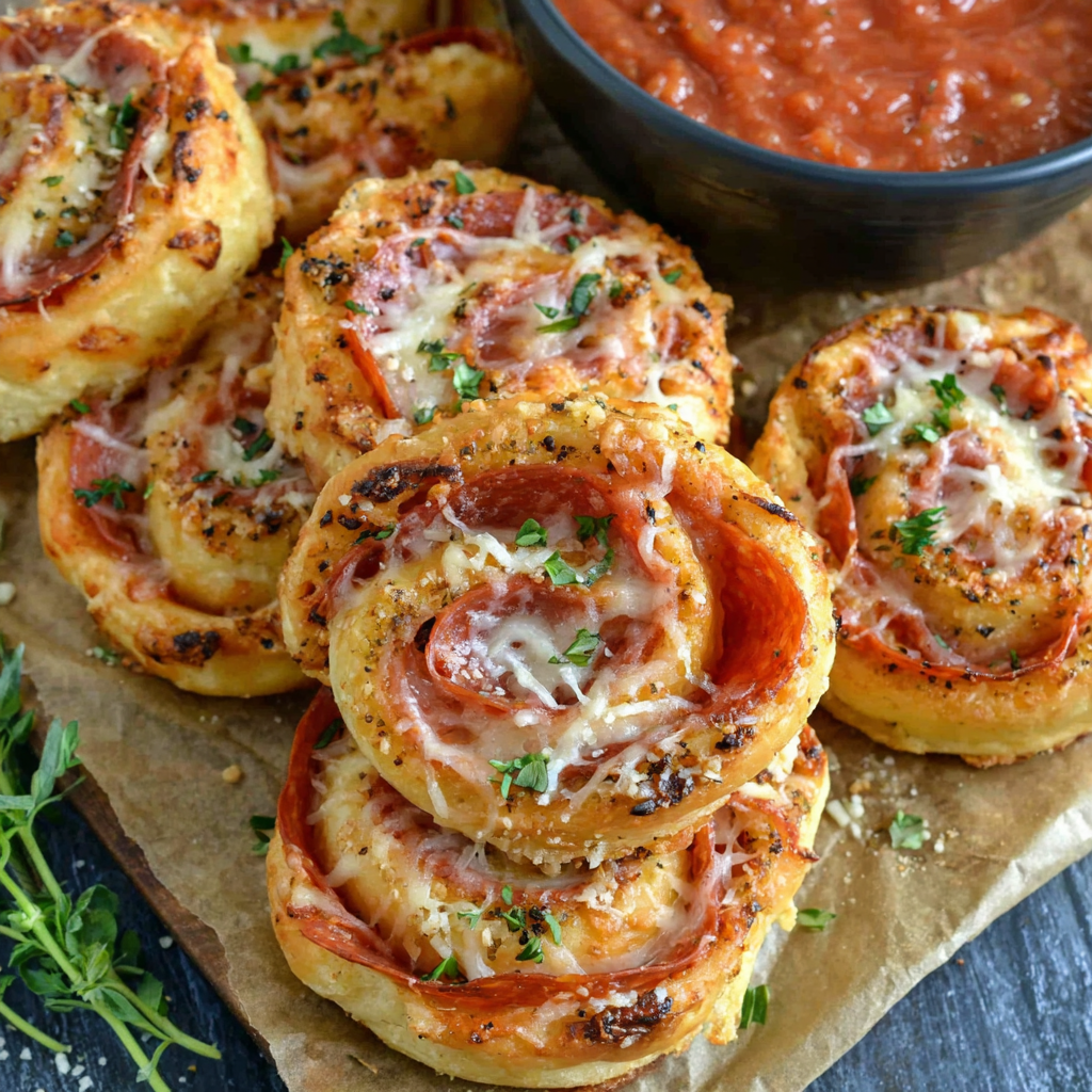 Pepperoni pizza pinwheels on parchment