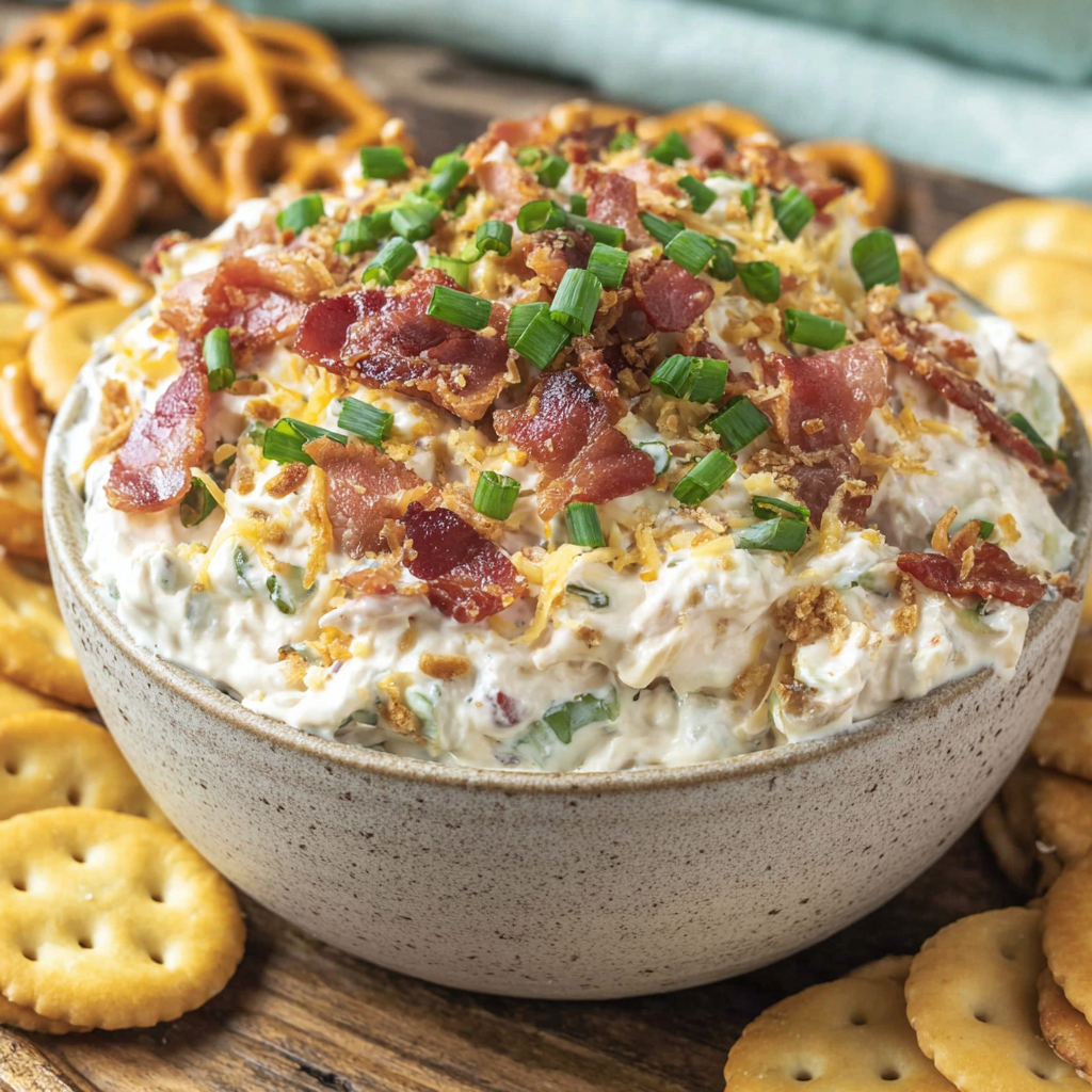 Bowl of creamy pretzel dip garnished with green onions and bacon