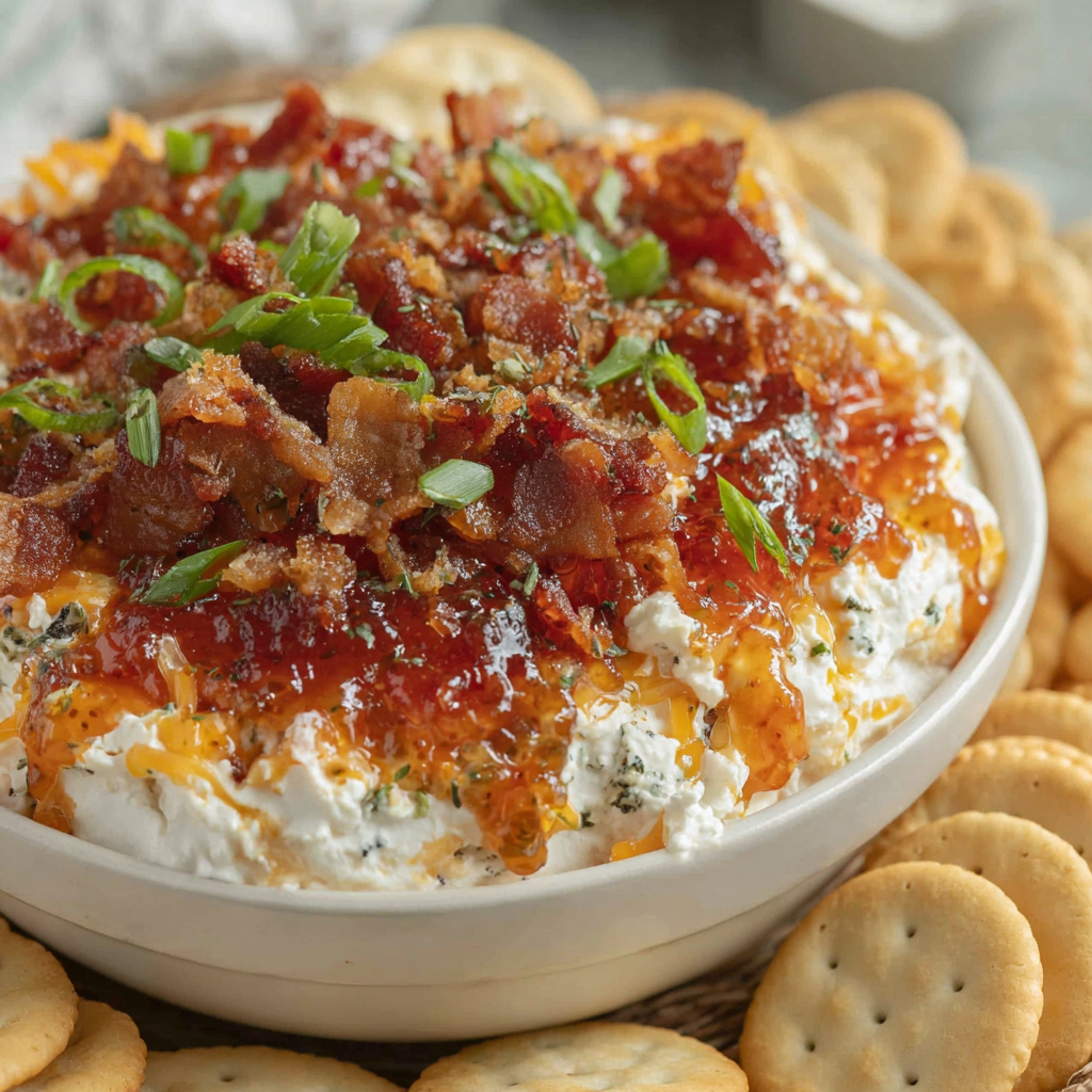 Cream cheese dip in a shallow dish topped with pepper jelly and bacon