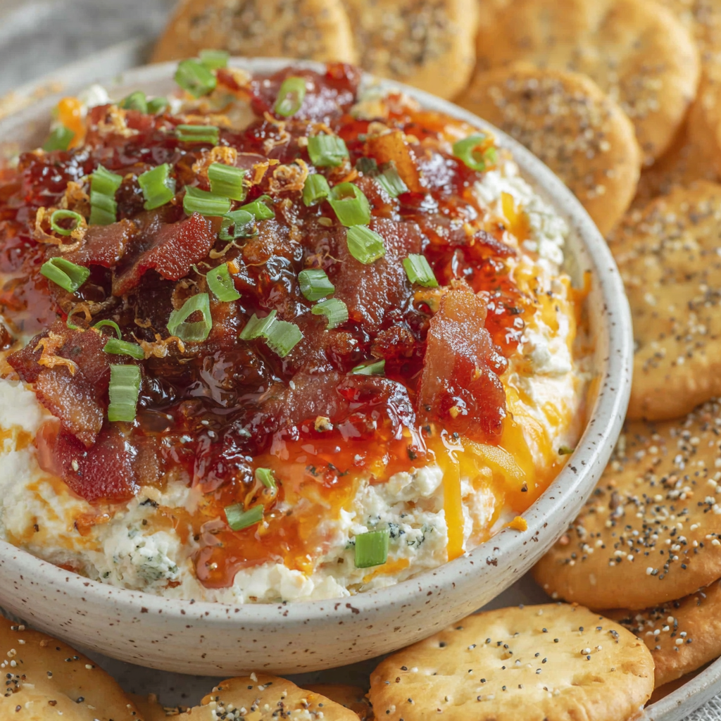 Dip served with crackers and sliced baguette