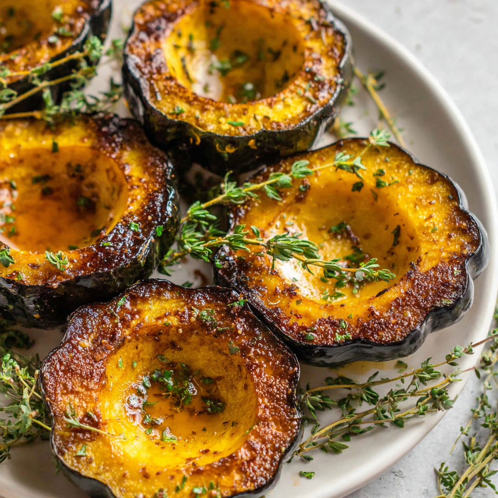 Halved acorn squash brushing with brown sugar glaze