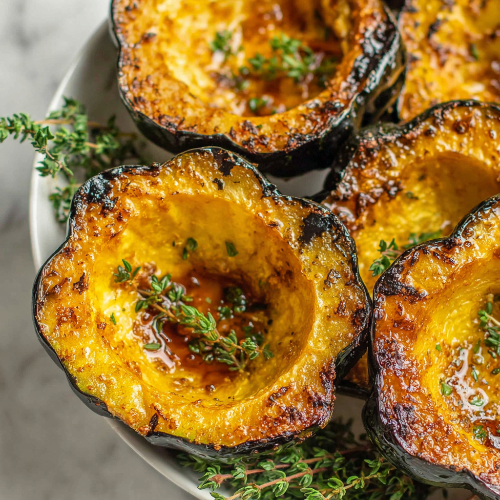 Finished golden acorn squash halves on a platter