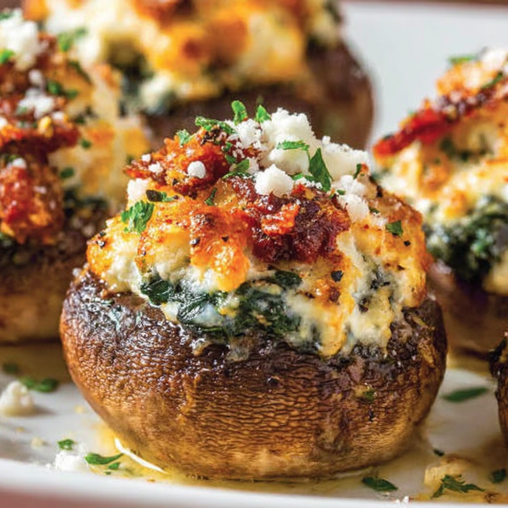 Spinach, Roasted Red Pepper and Ricotta Stuffed Mushrooms
