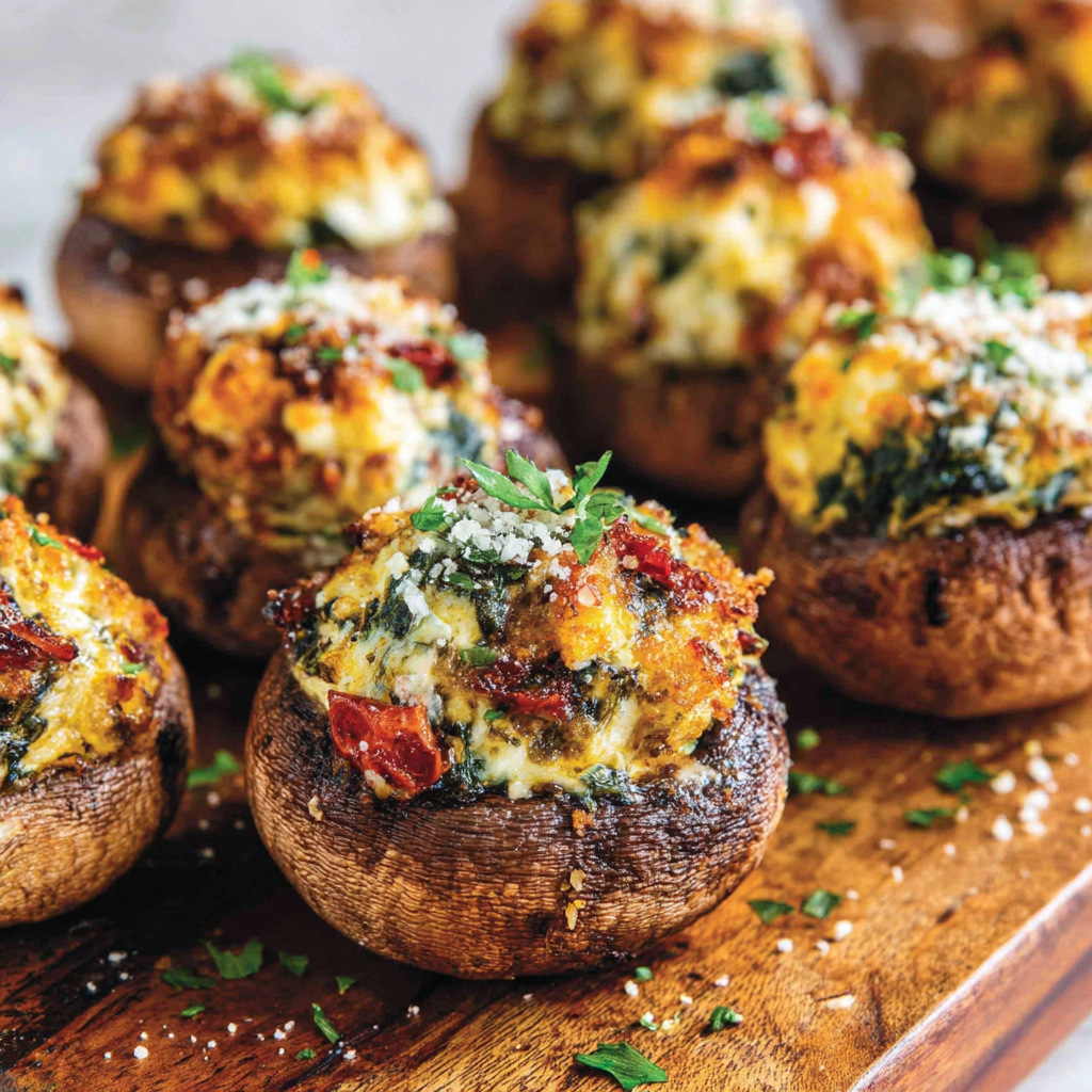 Stuffed mushrooms on a baking sheet