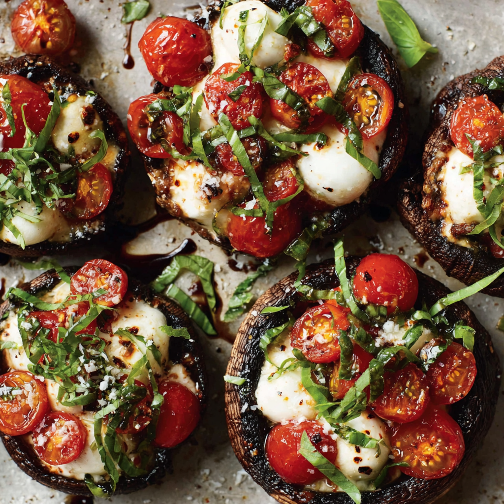 Caprese stuffed portobello mushrooms golden in the oven