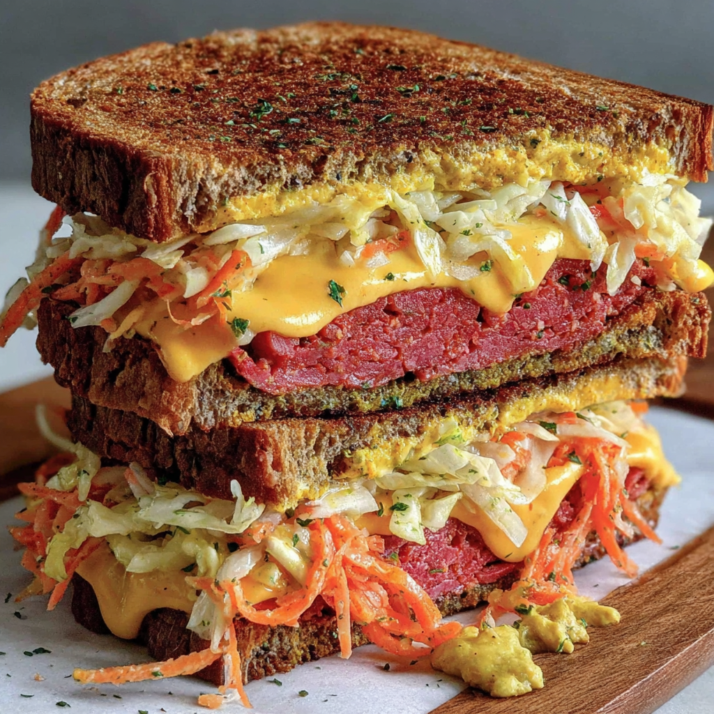 Tofu pastrami slices on baking sheet