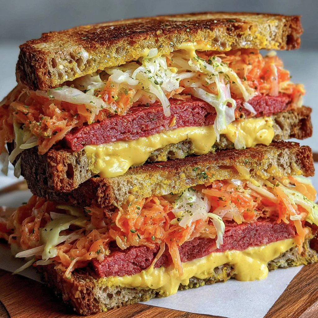 Stacked tofu pastrami sandwich with sauerkraut