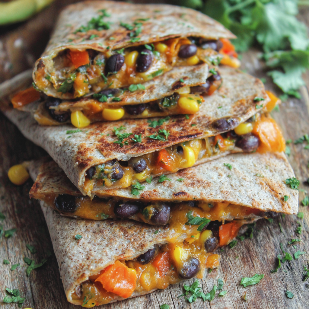 Finished quesadillas on a cutting board