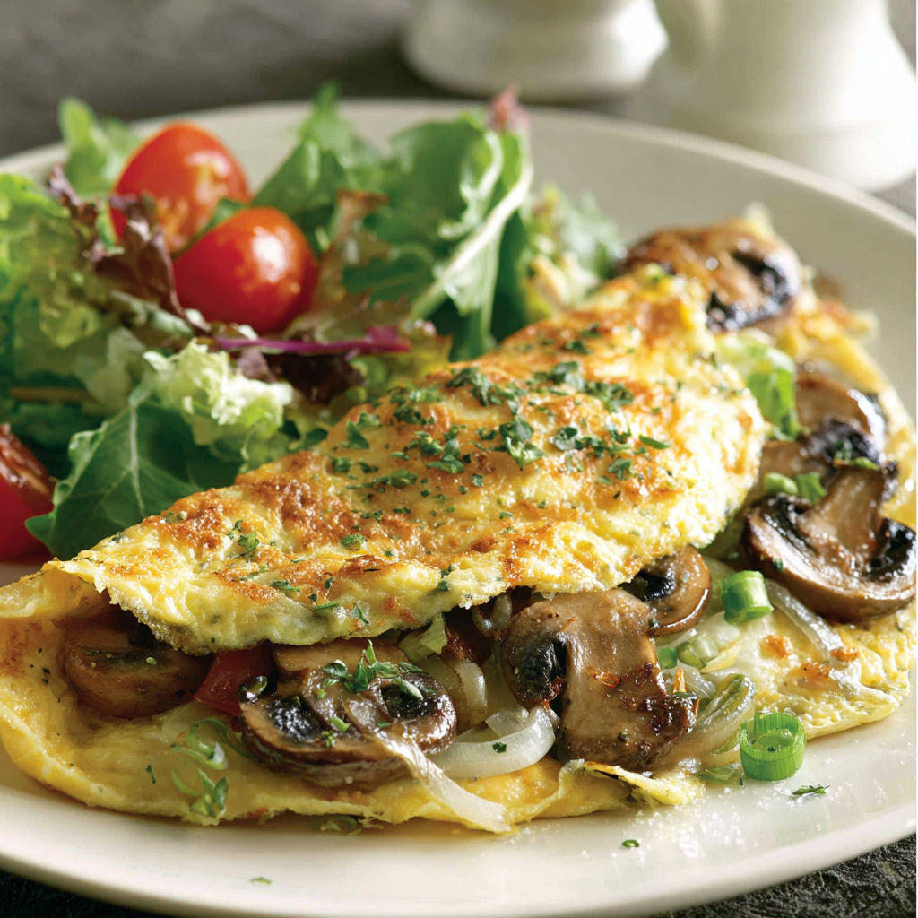 Mushroom and spring onion omelette in pan