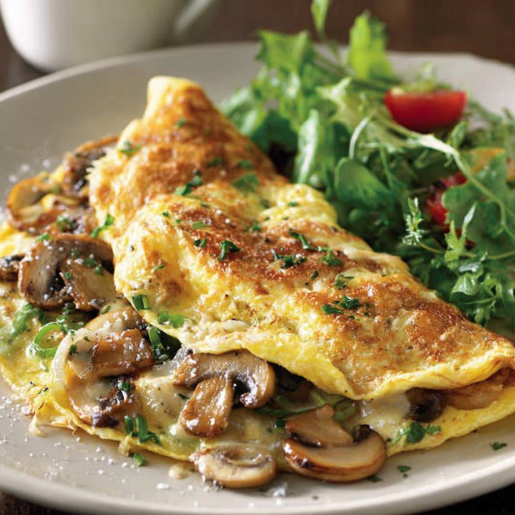 Plated omelette with salad