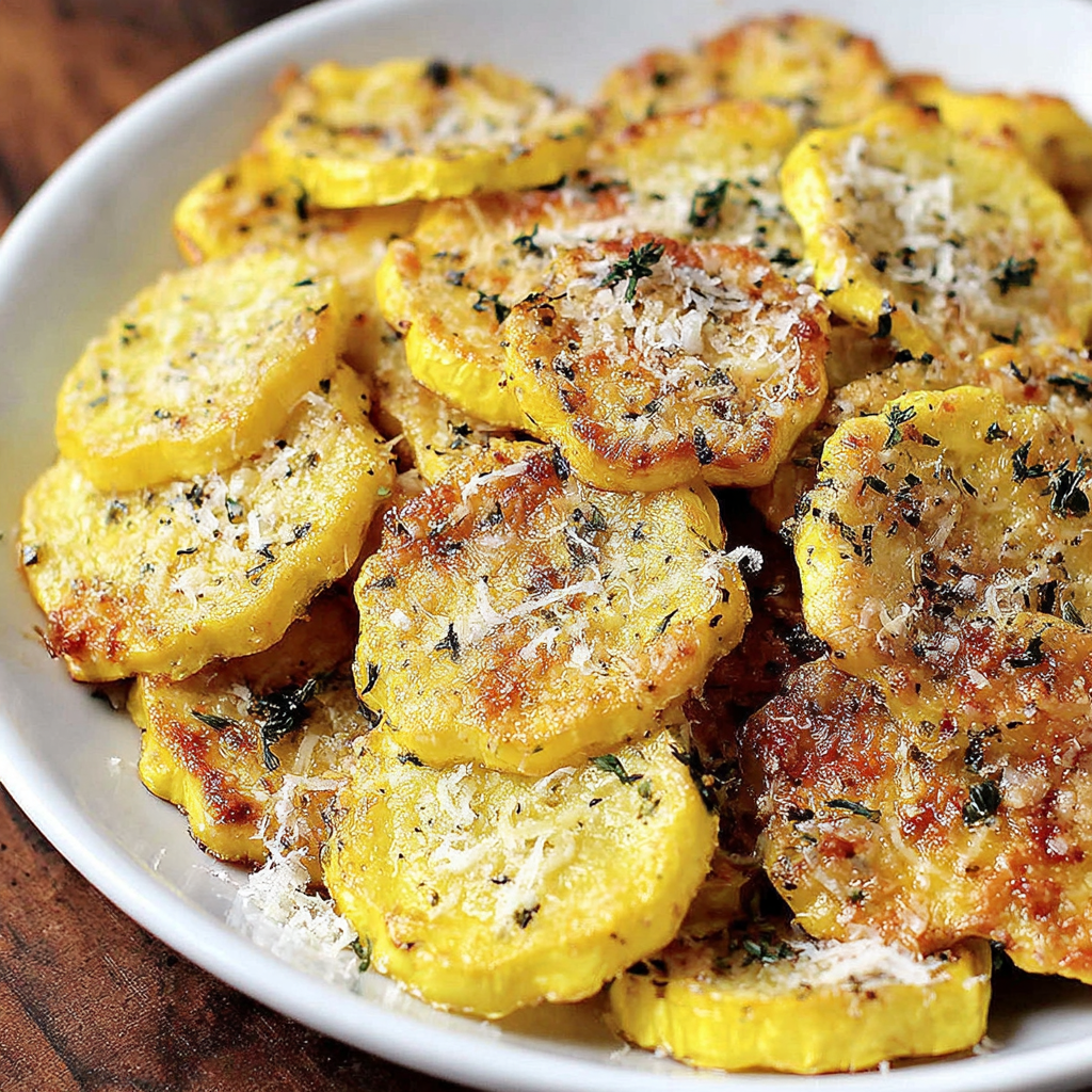 Tray of sliced yellow squash topped with Parmesan before baking