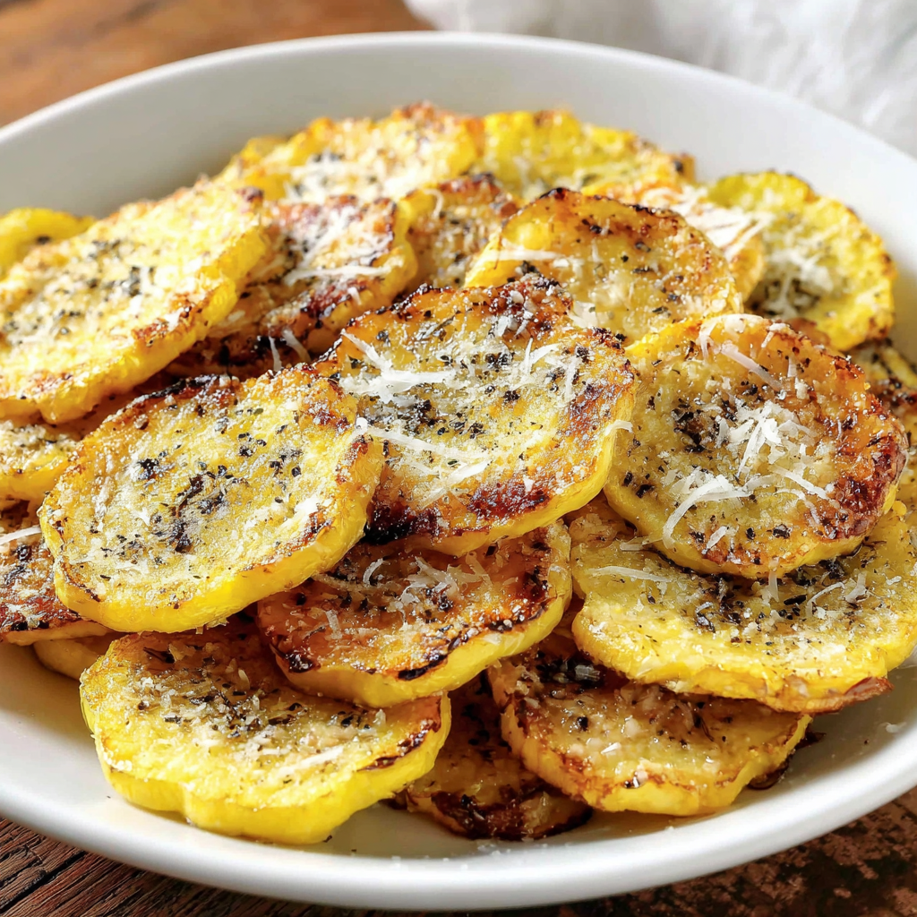 Close-up of baked yellow squash with melted Parmesan