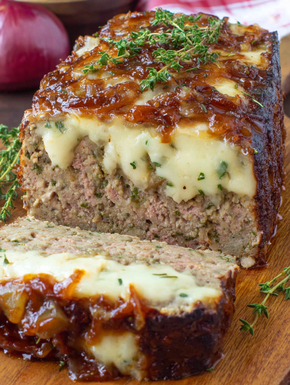 French Onion Meatloaf sliced on a white platter