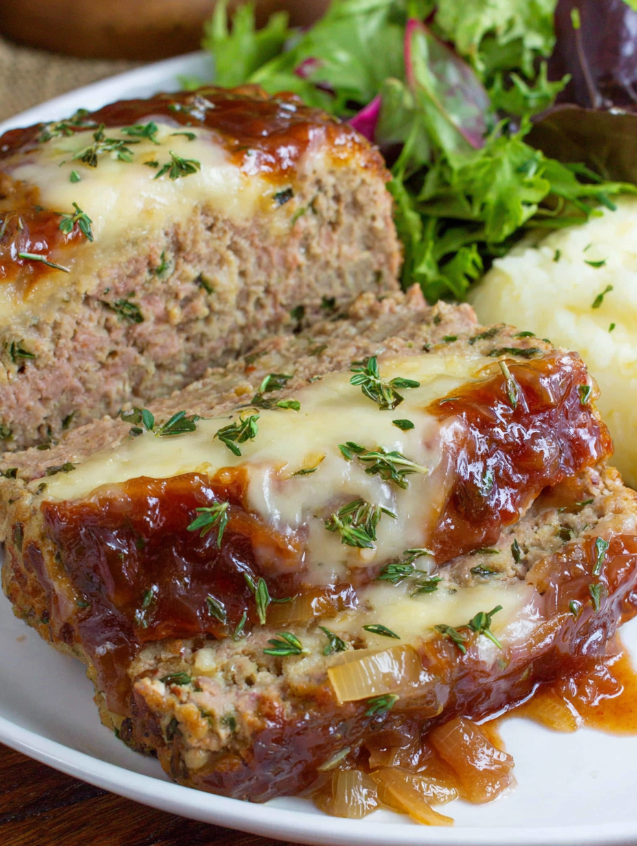 Close up of melty Gruyere on top of meatloaf