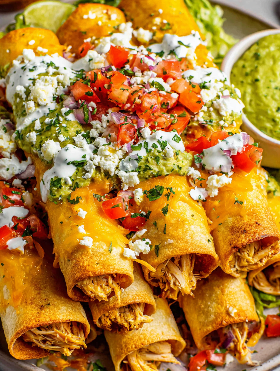 golden chicken flautas on a platter with green avocado sauce