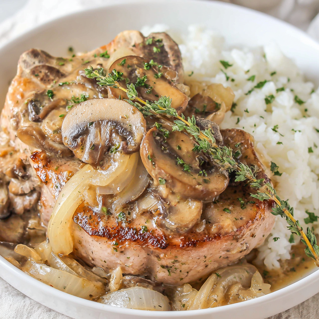 Slow Cooker Bone-in Pork Chops with Mushrooms & Onions