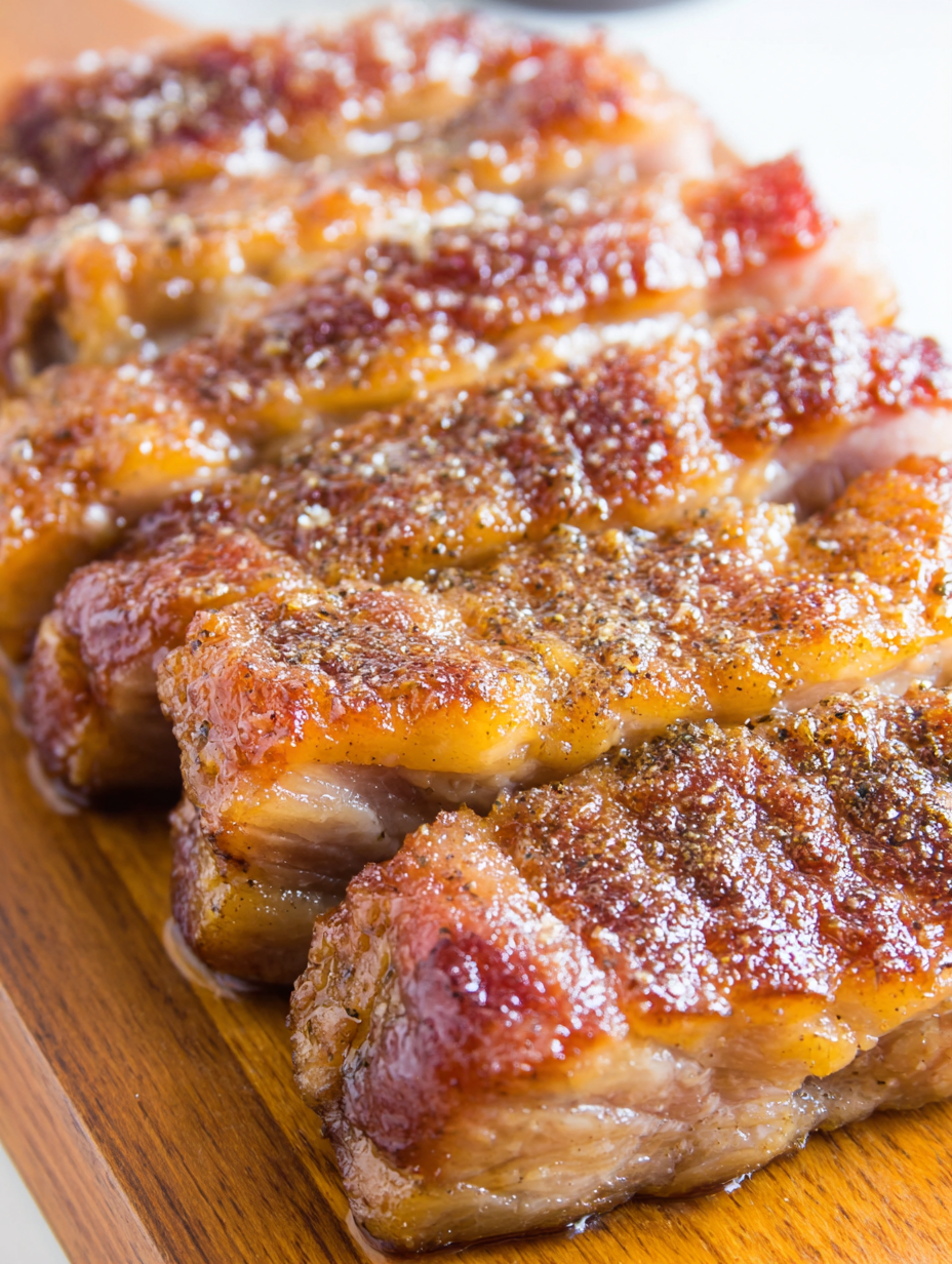 Caramelized brown sugar glaze on sliced pork