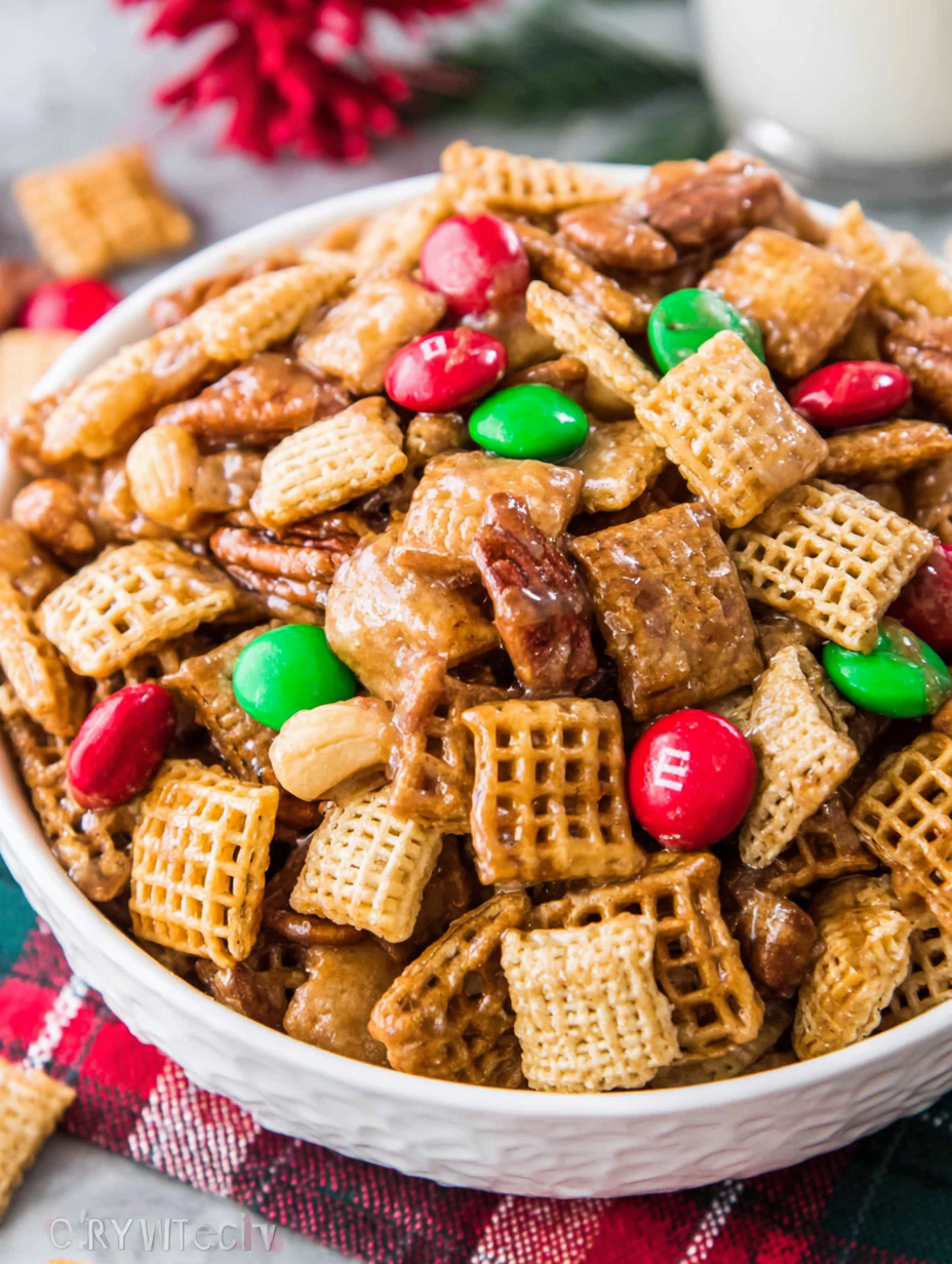 Sticky Sweet and Salty Chex Mix cooling on a baking sheet