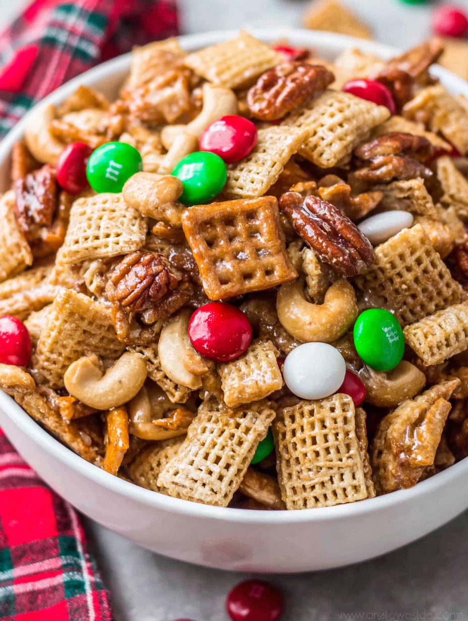 Jarred sticky sweet Chex mix with ribbon for gifting