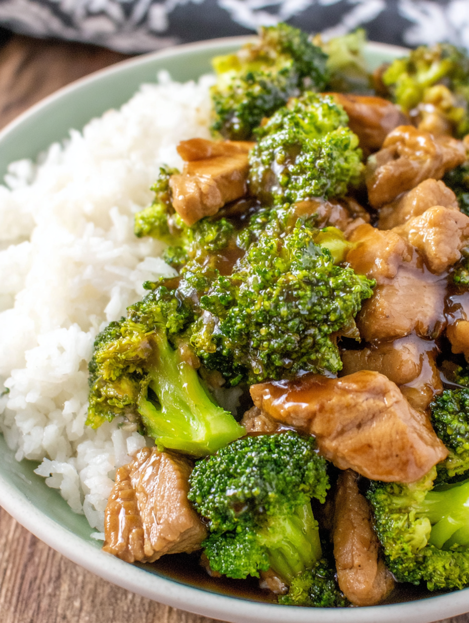 Plated teriyaki pork over rice with sesame and green onions