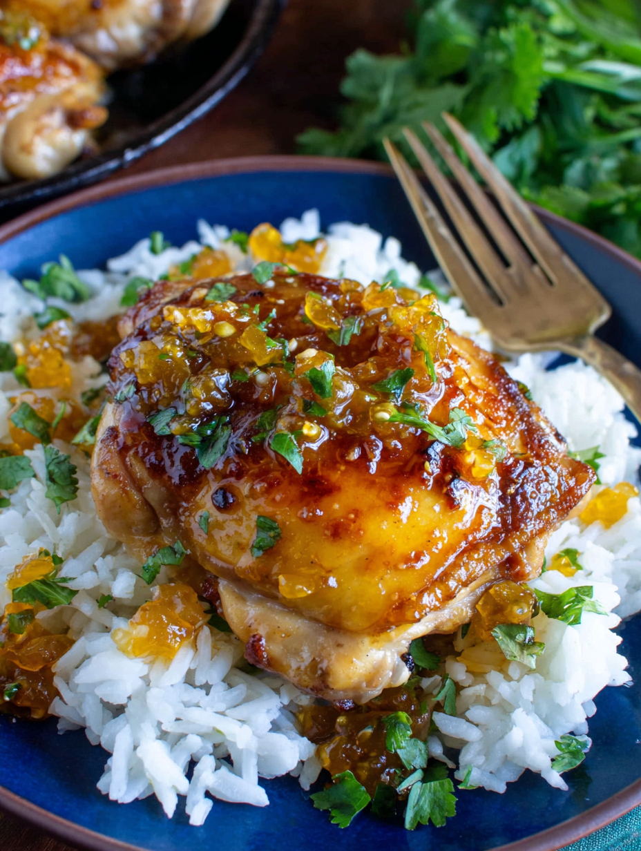 Apricot chicken in cast iron skillet, finished and glazed