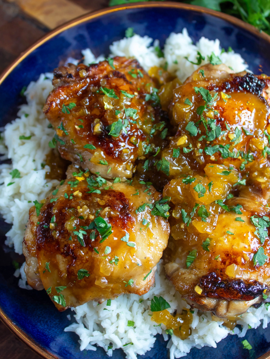 Close up of glazed apricot chicken on plate