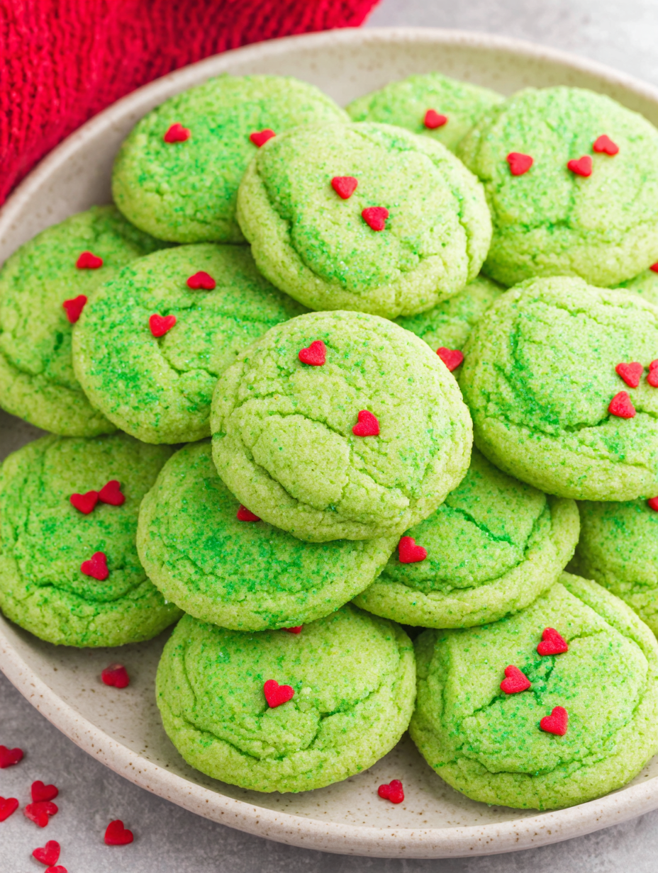 Green Grinch sugar cookies arranged on a baking sheet with a red heart sprinkle in the center of each