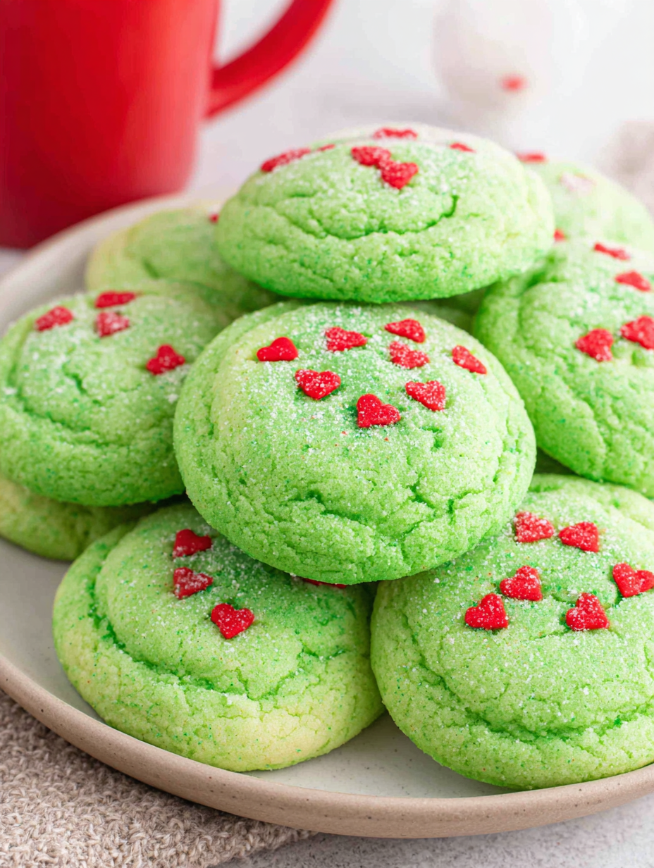 Close up of a single Grinch cookie being held to show texture and red heart sprinkle