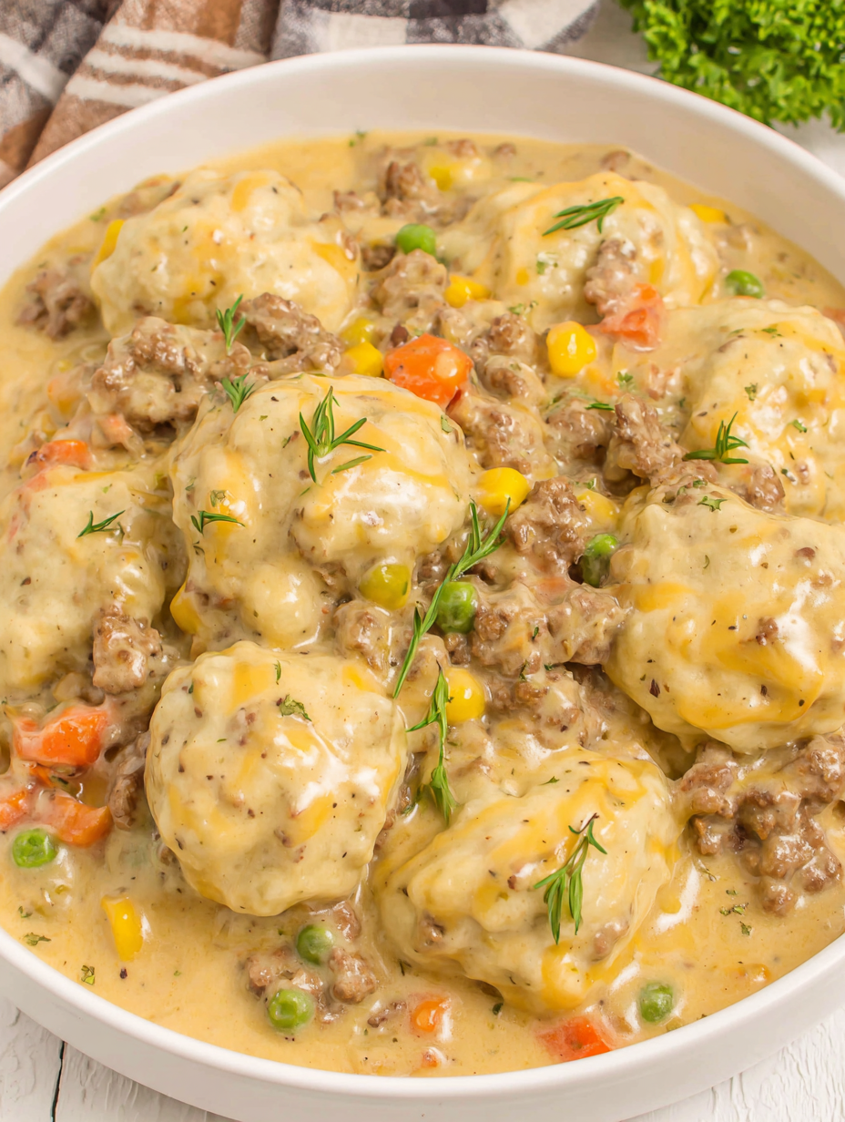 Ground beef and dumplings in a cream sauce