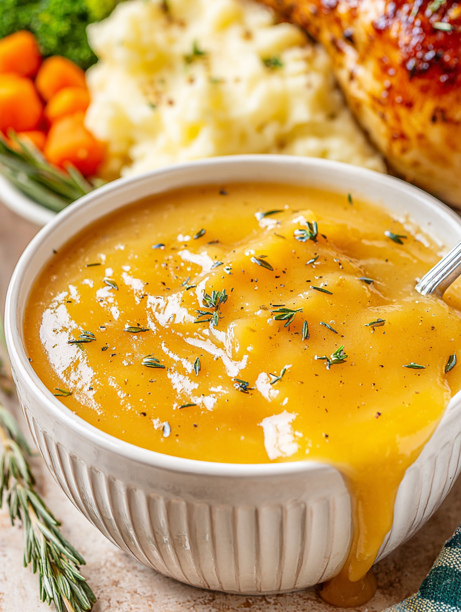 Smooth chicken broth gravy in saucepan