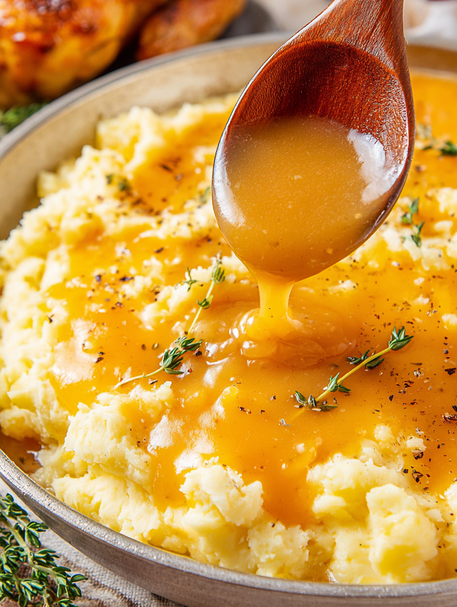 Gravy being poured over mashed potatoes