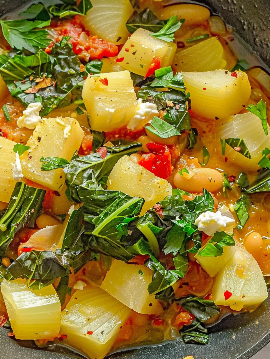 Blitva in a skillet with potatoes and chard