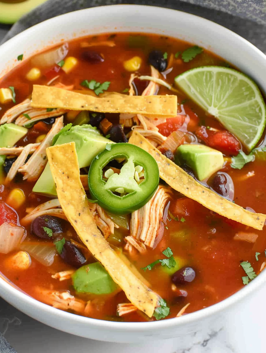 Bowl of chicken tortilla soup with avocado and tortilla strips