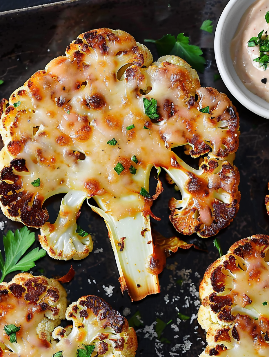 Close-up of a single cauliflower schnitzel with parsley and sesame dip
