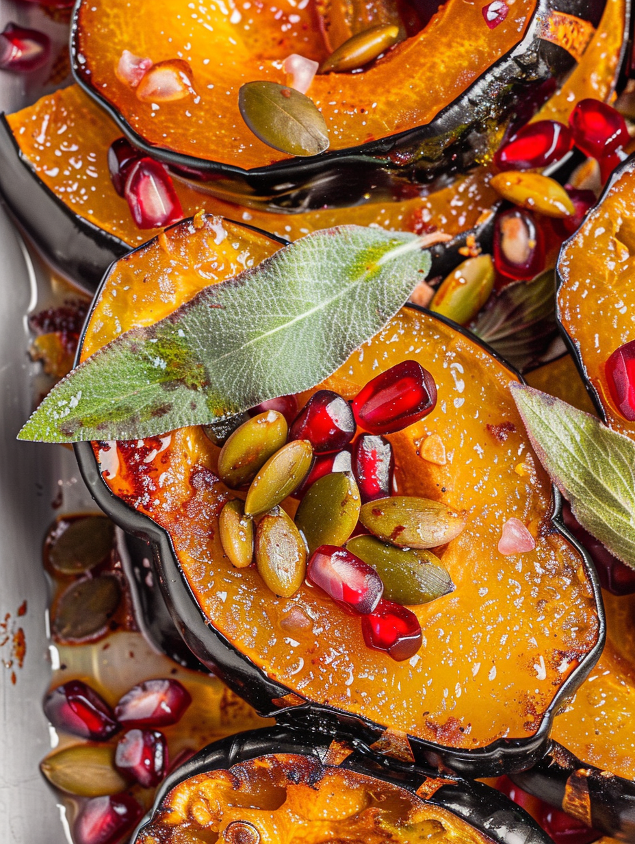 Roasted acorn squash slices glazed with orange butter and garnished