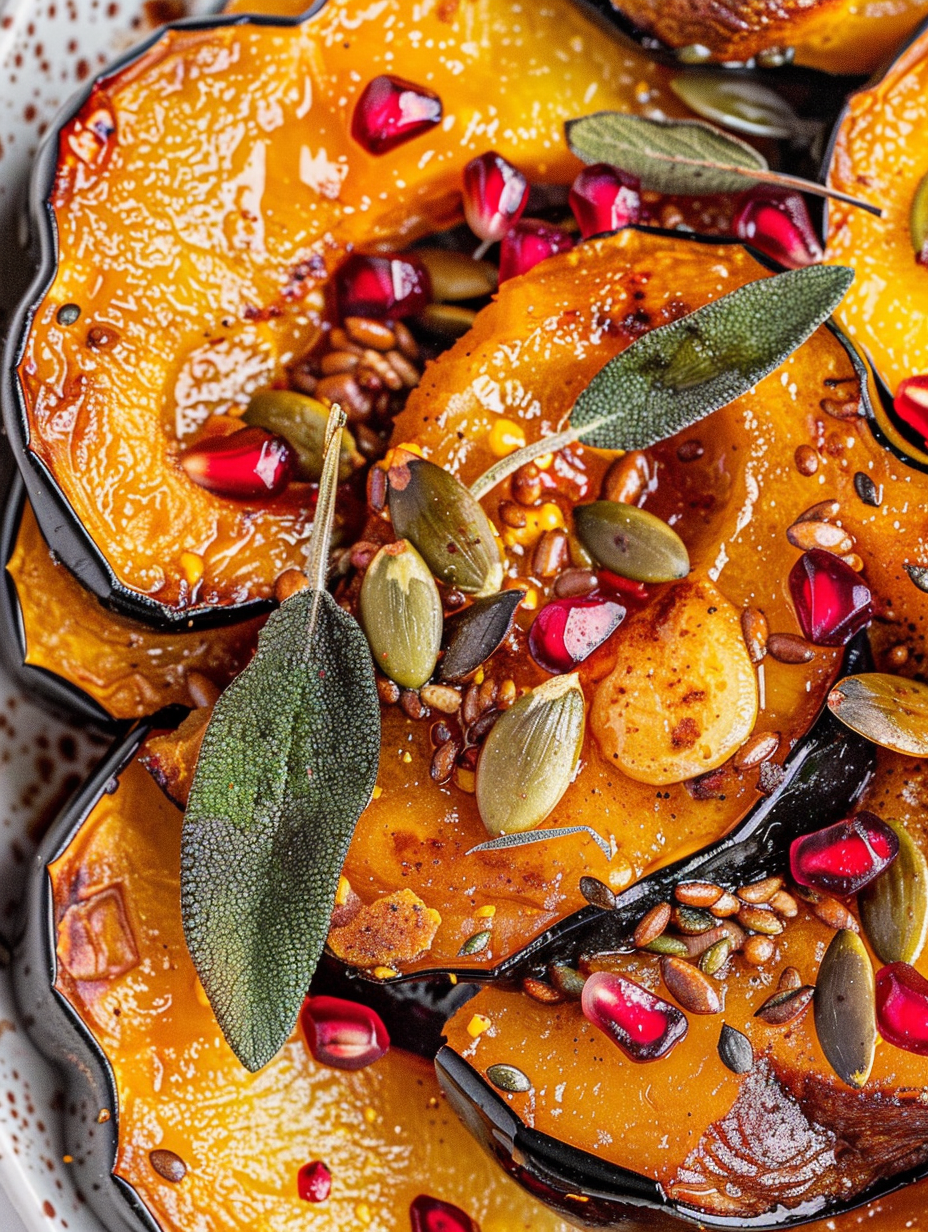 Toasted sage leaves and pumpkin seeds alongside roasted squash